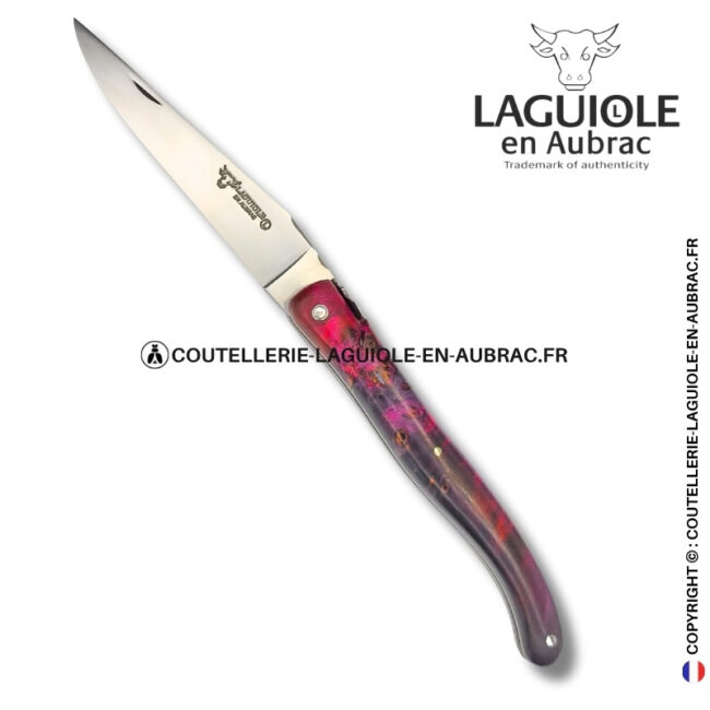 Écorce pourpre : couteau laguiole en loupe de sureau – abeille sculptée – ressort gravé