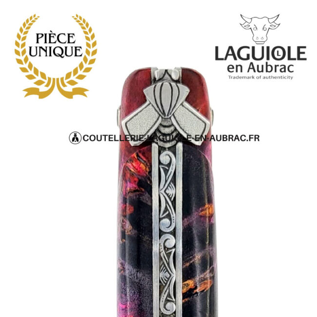 Écorce pourpre : couteau laguiole en loupe de sureau – abeille sculptée – ressort gravé