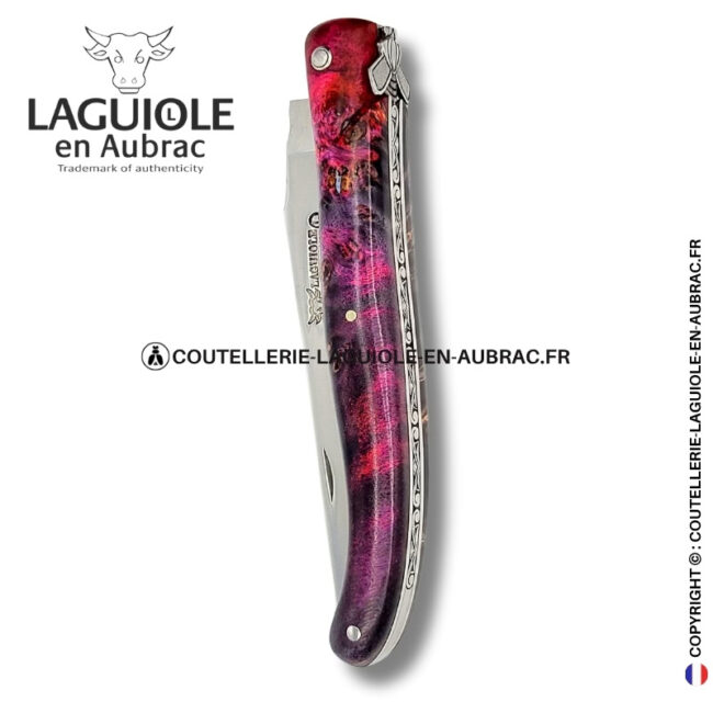 Écorce pourpre : couteau laguiole en loupe de sureau – abeille sculptée – ressort gravé