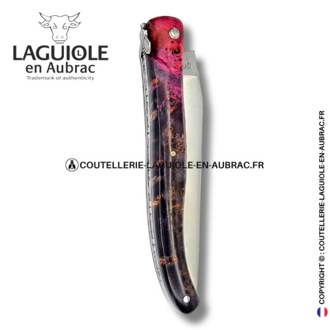 Écorce pourpre : couteau laguiole en loupe de sureau – abeille sculptée – ressort gravé