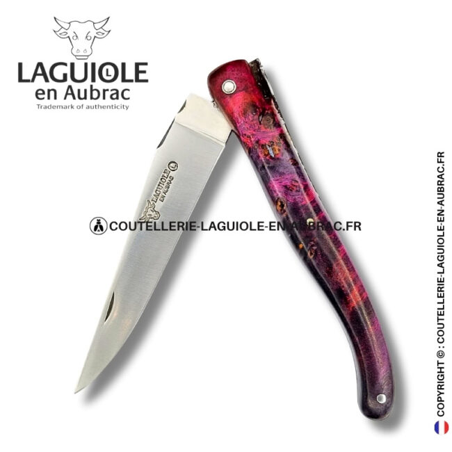 Écorce pourpre : couteau laguiole en loupe de sureau – abeille sculptée – ressort gravé