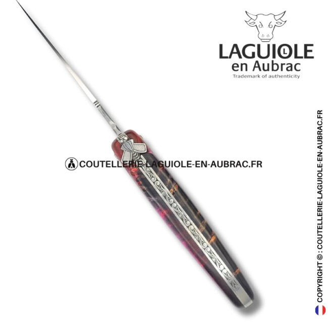 Écorce pourpre : couteau laguiole en loupe de sureau – abeille sculptée – ressort gravé