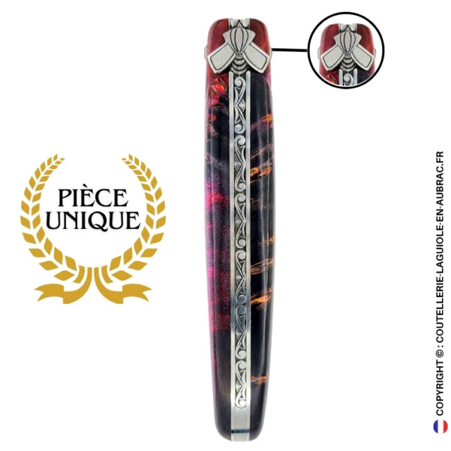 Écorce pourpre : couteau laguiole en loupe de sureau – abeille sculptée – ressort gravé