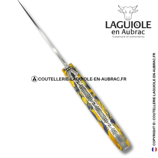 esprit du temple : couteau laguiole en loupe de marronnier – plein manche double platines