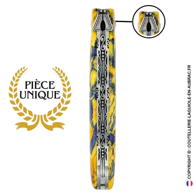 esprit du temple : couteau laguiole en loupe de marronnier – plein manche double platines