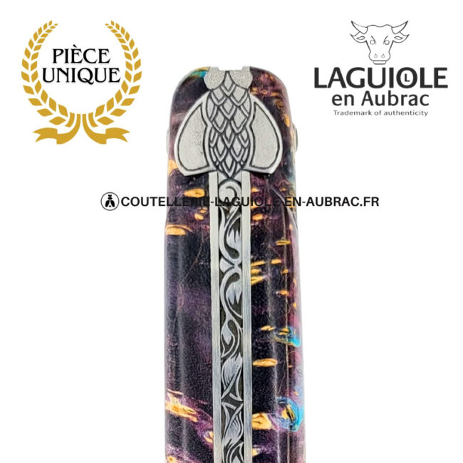 forêt indigo : couteau laguiole en loupe de sureau – plein manche – abeille sculptée