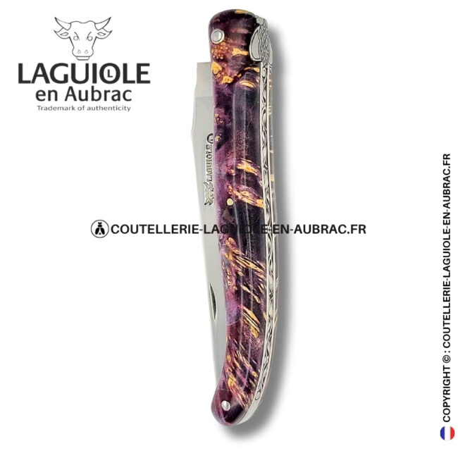 forêt indigo : couteau laguiole en loupe de sureau – plein manche – abeille sculptée