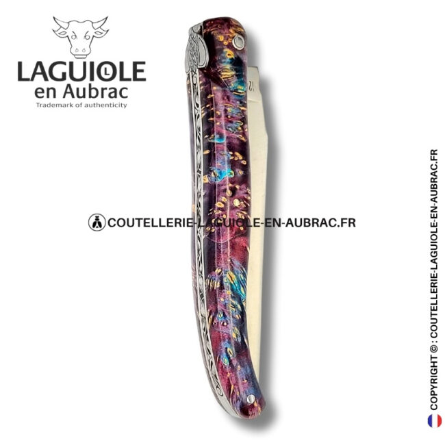 forêt indigo : couteau laguiole en loupe de sureau – plein manche – abeille sculptée