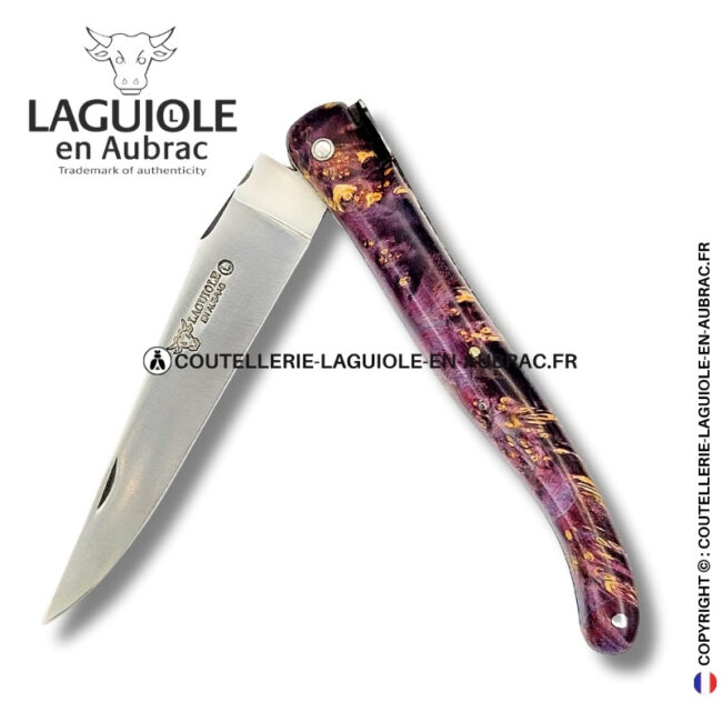 forêt indigo : couteau laguiole en loupe de sureau – plein manche – abeille sculptée