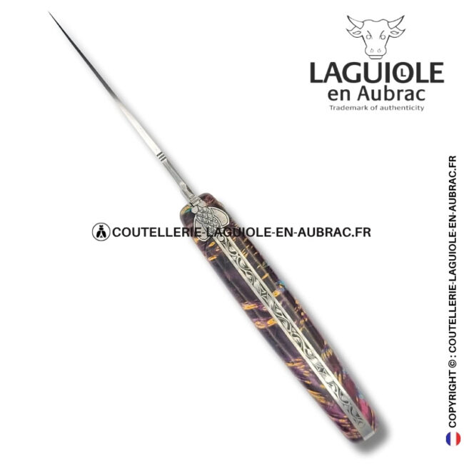 forêt indigo : couteau laguiole en loupe de sureau – plein manche – abeille sculptée