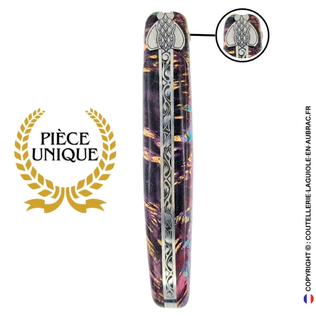 forêt indigo : couteau laguiole en loupe de sureau – plein manche – abeille sculptée