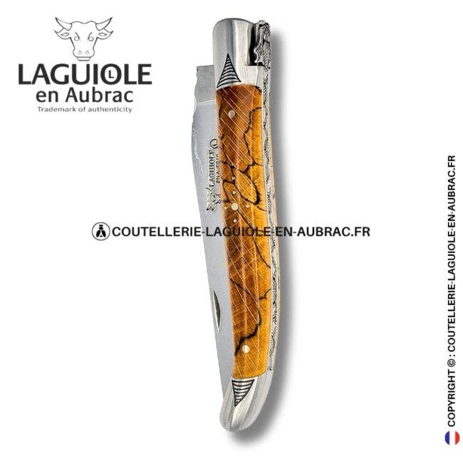 hêtre sacré : couteau laguiole en hêtre d'aubrac abeille sculptée mitres et ressort gravés