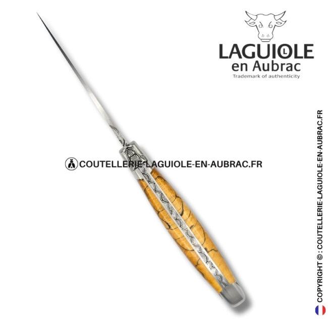 hêtre sacré : couteau laguiole en hêtre d'aubrac abeille sculptée mitres et ressort gravés