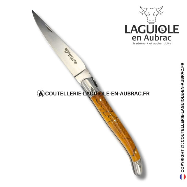 hêtre sacré : couteau laguiole en hêtre d'aubrac abeille sculptée mitres et ressort gravés