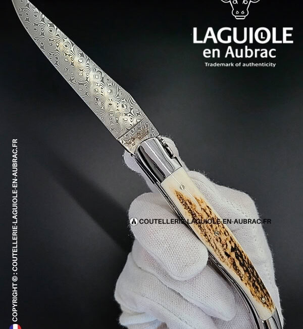 couteau laguiole doubles platines en bois de cerf – lame damas balbach inox