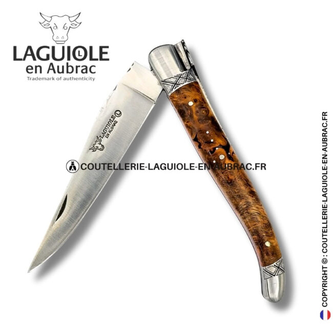 sillage stellaire : couteau laguiole en albizia abeille sculptée mitres et ressort gravés