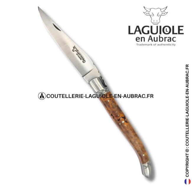 sillage stellaire : couteau laguiole en albizia abeille sculptée mitres et ressort gravés