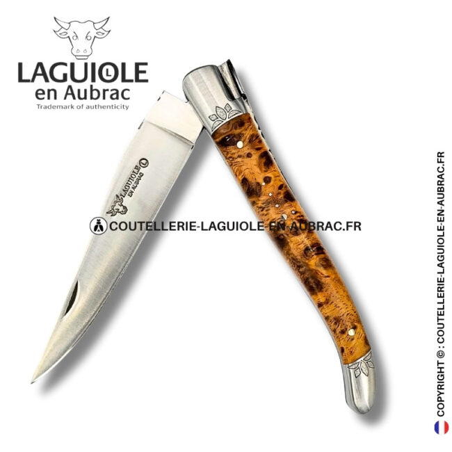 souffle de lotus : couteau laguiole en albizia abeille sculptée mitres et ressort gravés