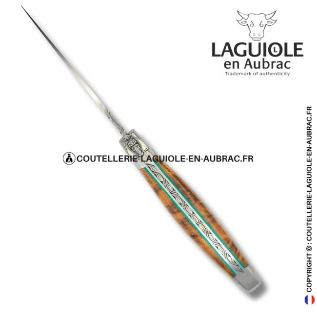 souffle de lotus : couteau laguiole en albizia abeille sculptée mitres et ressort gravés