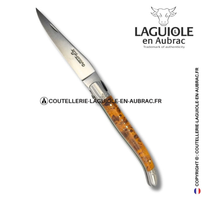 souffle de lotus : couteau laguiole en albizia abeille sculptée mitres et ressort gravés