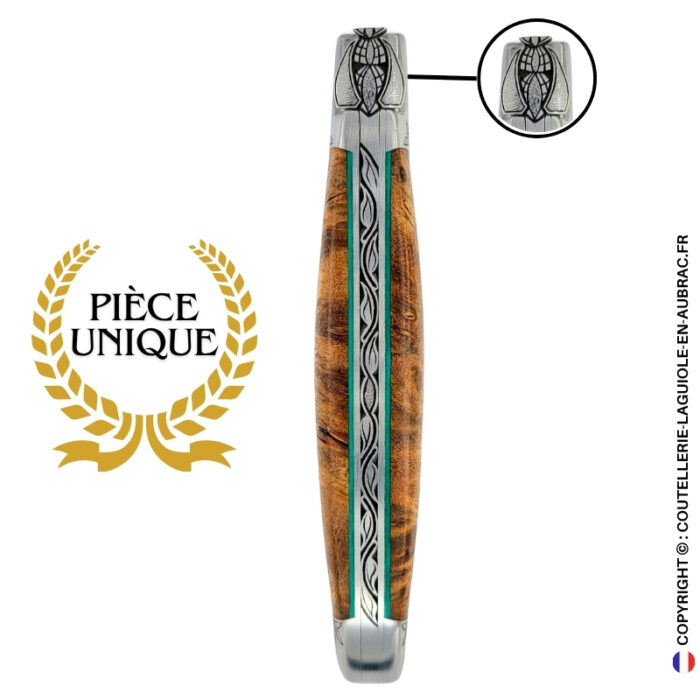souffle de lotus : couteau laguiole en albizia abeille sculptée mitres et ressort gravés