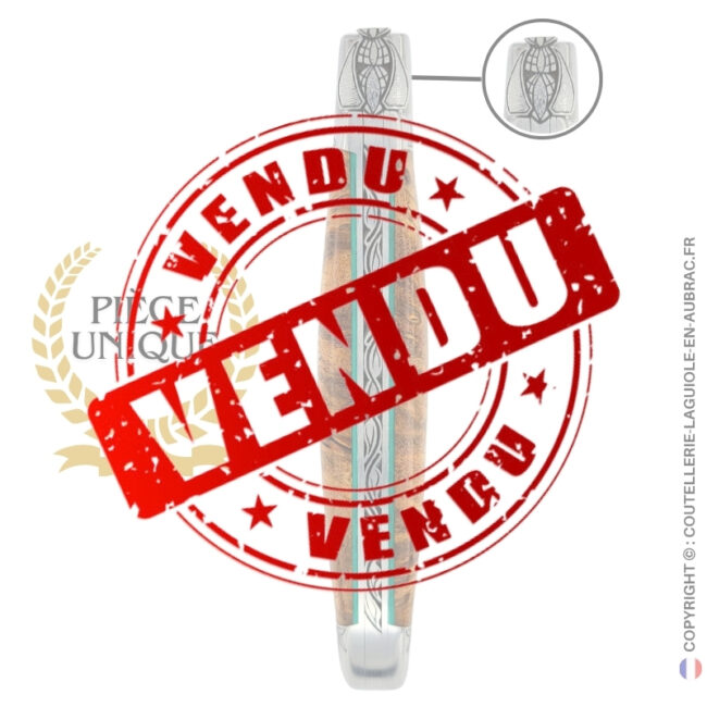 souffle de lotus : couteau laguiole en albizia abeille sculptée mitres et ressort gravés