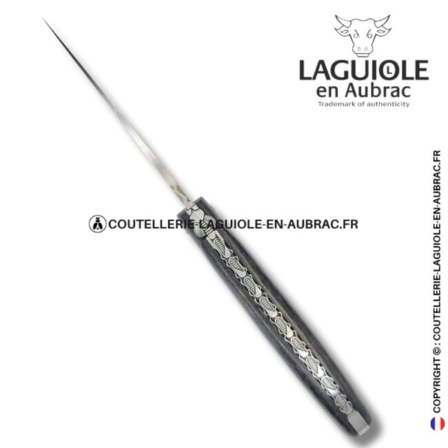 Éclipse noire : couteau laguiole plein manche en fibre de carbone – abeille et ressort ciselés