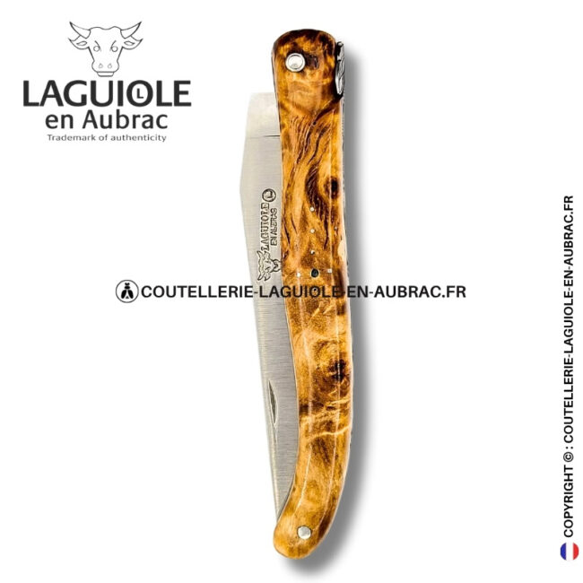 esquisse d’envol : couteau laguiole en fourche de peuplier nervurée – abeille et ressort ciselés