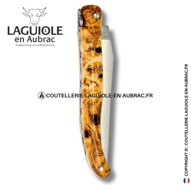 esquisse d’envol : couteau laguiole en fourche de peuplier nervurée – abeille et ressort ciselés