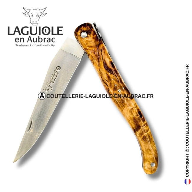 esquisse d’envol : couteau laguiole en fourche de peuplier nervurée – abeille et ressort ciselés