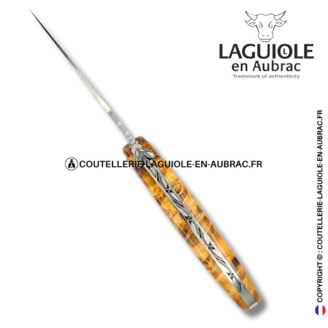 esquisse d’envol : couteau laguiole en fourche de peuplier nervurée – abeille et ressort ciselés