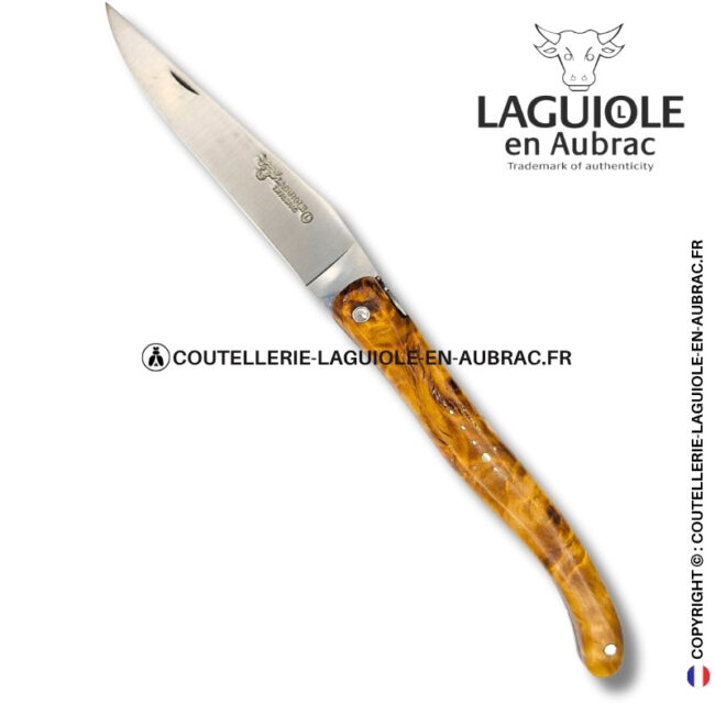 esquisse d’envol : couteau laguiole en fourche de peuplier nervurée – abeille et ressort ciselés