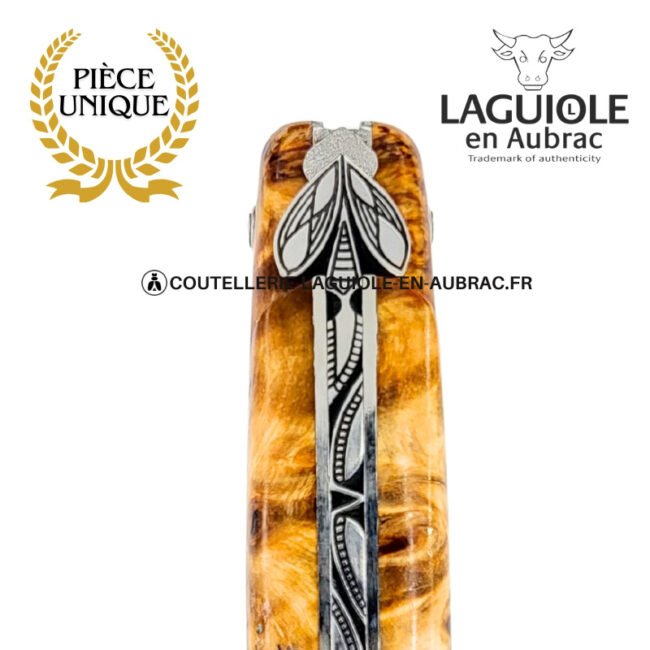 esquisse d’envol : couteau laguiole en fourche de peuplier nervurée – abeille et ressort ciselés