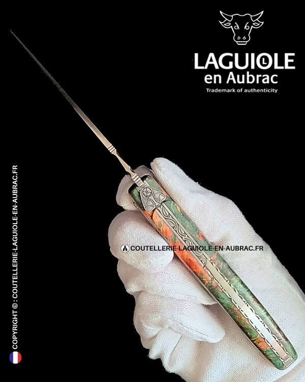 abeille des prés : couteau laguiole en loupe de marronnier bicolore – plein manche