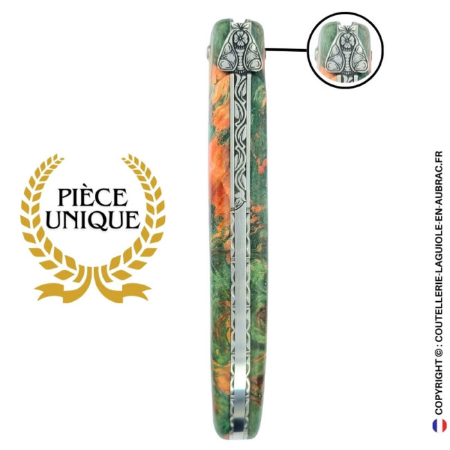 abeille des prés : couteau laguiole en loupe de marronnier bicolore – plein manche