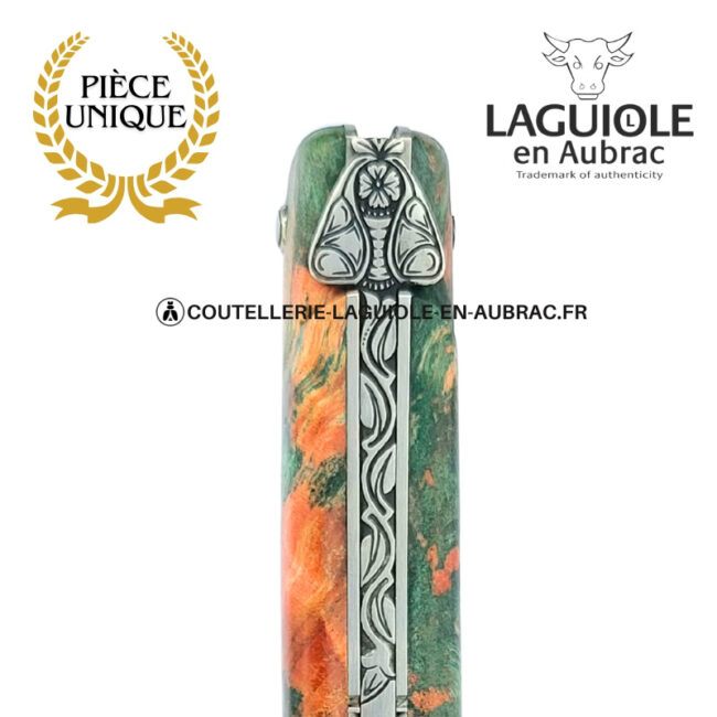 abeille des prés : couteau laguiole en loupe de marronnier bicolore – plein manche