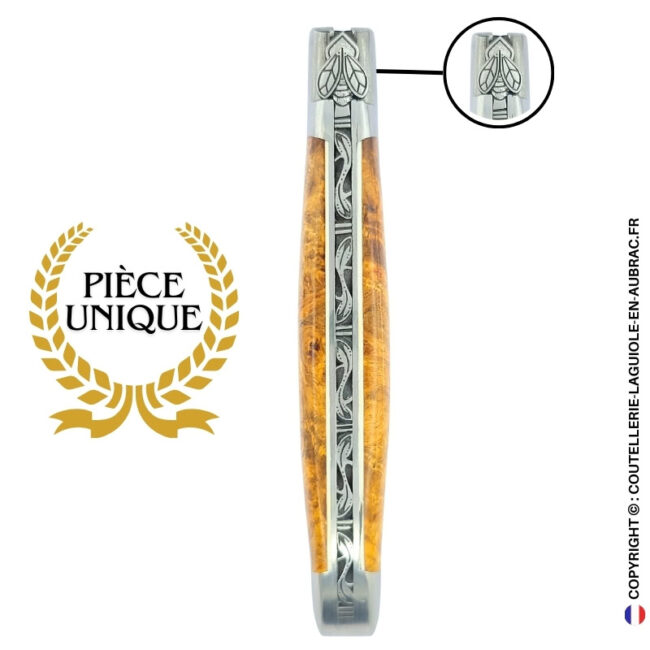 abeille elfique : couteau laguiole en loupe d'amboine dorée