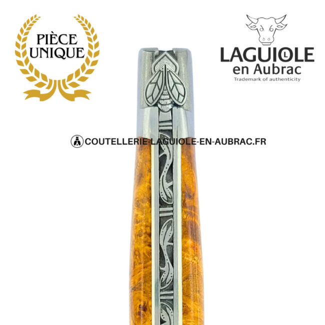 abeille elfique : couteau laguiole en loupe d'amboine dorée