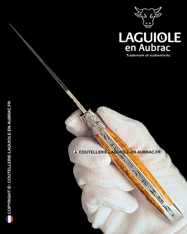 abeille elfique : couteau laguiole en loupe d'amboine dorée