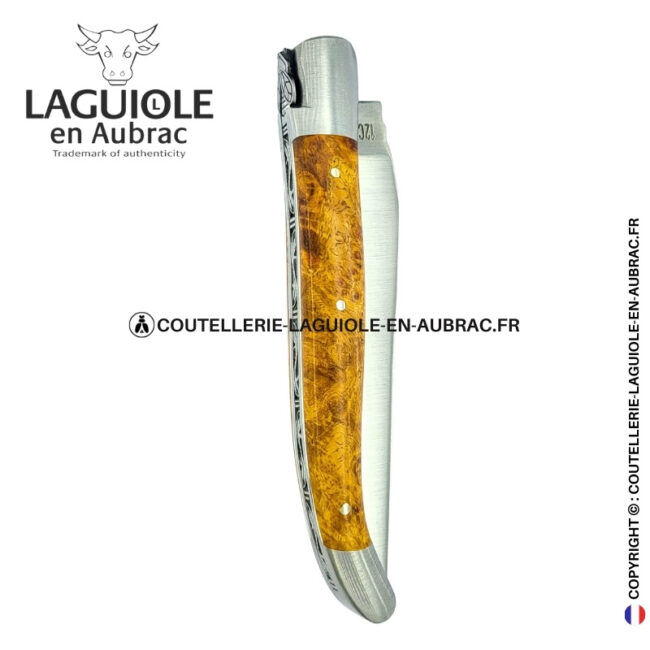abeille elfique : couteau laguiole en loupe d'amboine dorée
