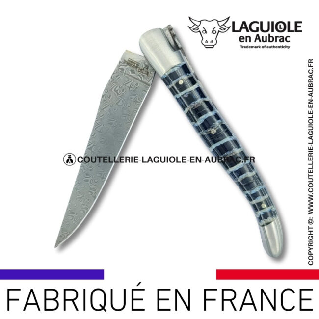couteau laguiole doubles platines en molaire de mammouth bleue – lame damas balbach inox