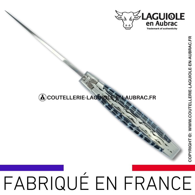 couteau laguiole doubles platines en molaire de mammouth bleue – lame damas balbach inox