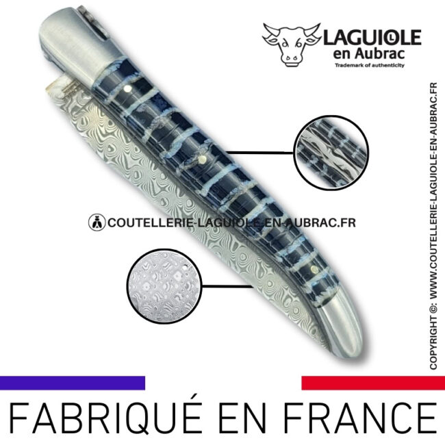 couteau laguiole doubles platines en molaire de mammouth bleue – lame damas balbach inox