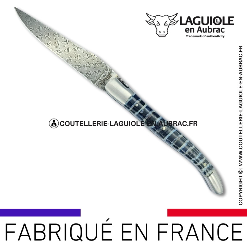 couteau laguiole doubles platines en molaire de mammouth bleue – lame damas balbach inox