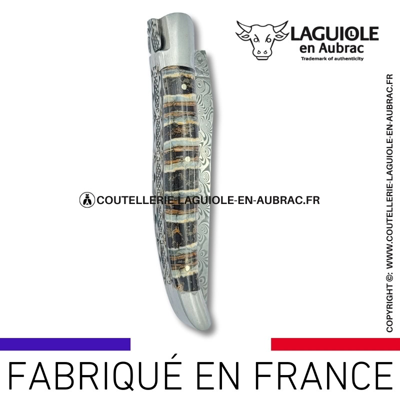 couteau laguiole doubles platines en molaire de mammouth marron – lame damas balbach inox