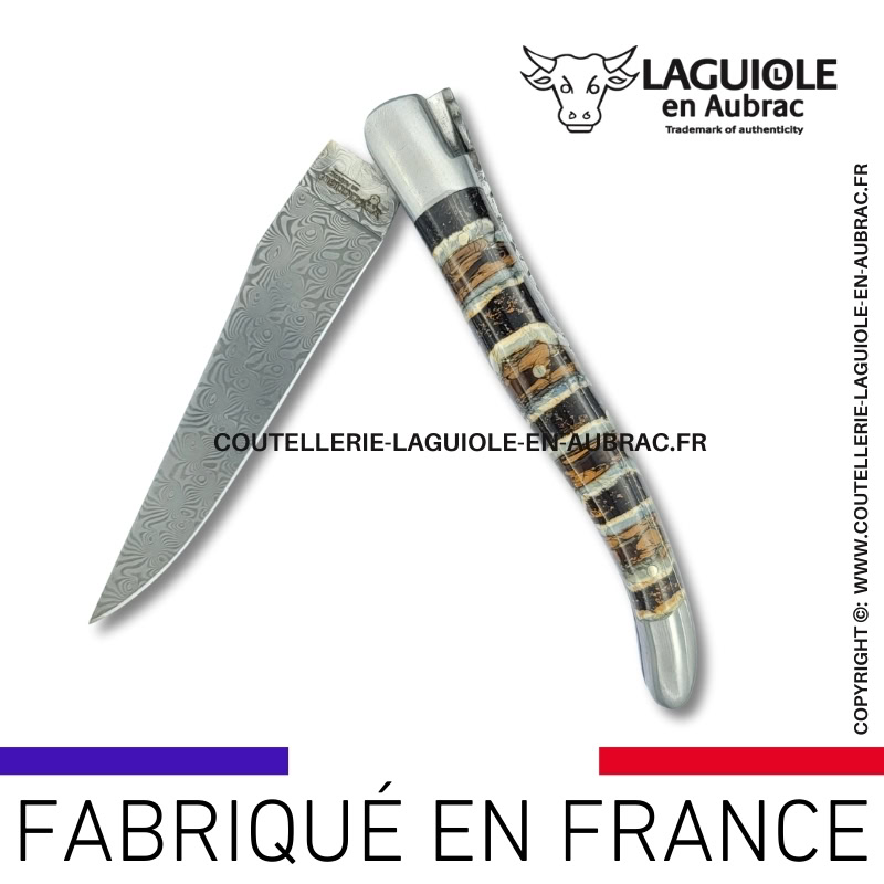 couteau laguiole doubles platines en molaire de mammouth marron – lame damas balbach inox