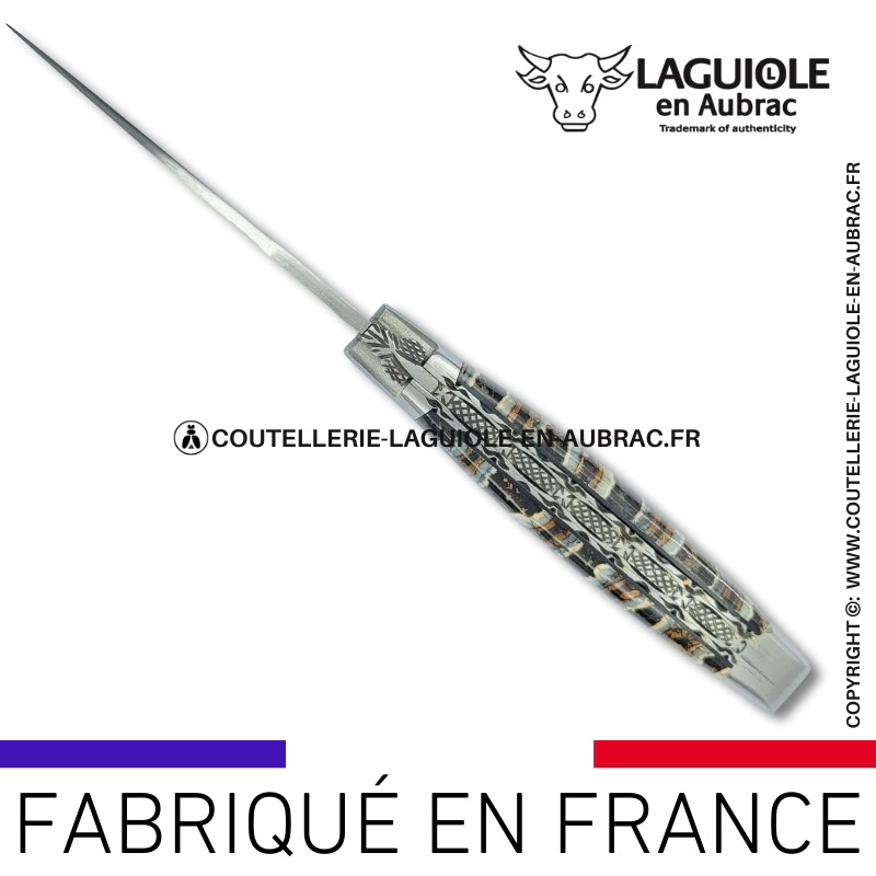 couteau laguiole doubles platines en molaire de mammouth marron – lame damas balbach inox