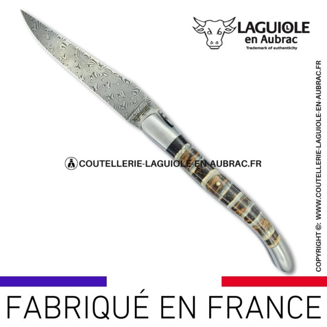 couteau laguiole doubles platines en molaire de mammouth marron – lame damas balbach inox