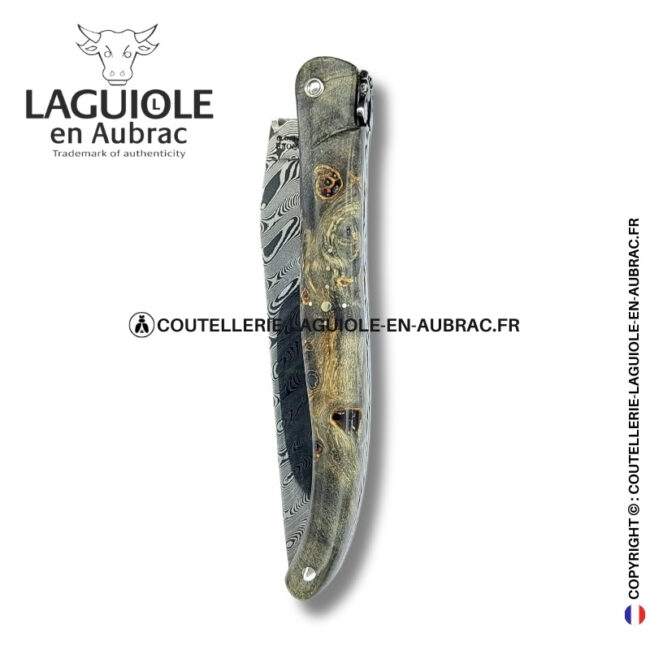 tissage d’ombres : couteau laguiole en loupe de peuplier noircie lame damas inox