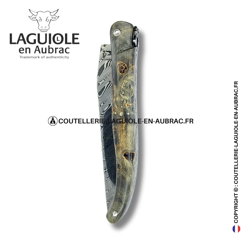 tissage d’ombres : couteau laguiole en loupe de peuplier noircie lame damas inox
